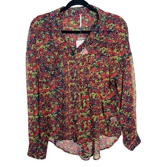 Free People Floral Sheer Easy Rider Button Down Blouse Size Medium NWT - Picture 2 of 10